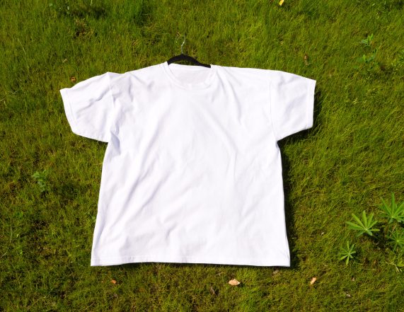 A mockup of a white T-shirt with a short sleeve lies on the lawn